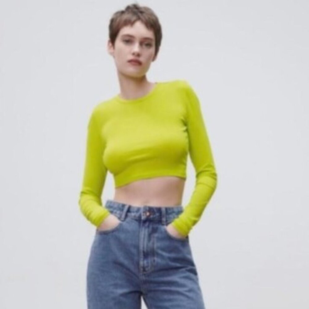 ZARA NEON YELLOW GREEN CROPPED LONG SLEEVE TEE TOP SHIRT SMALL NWT